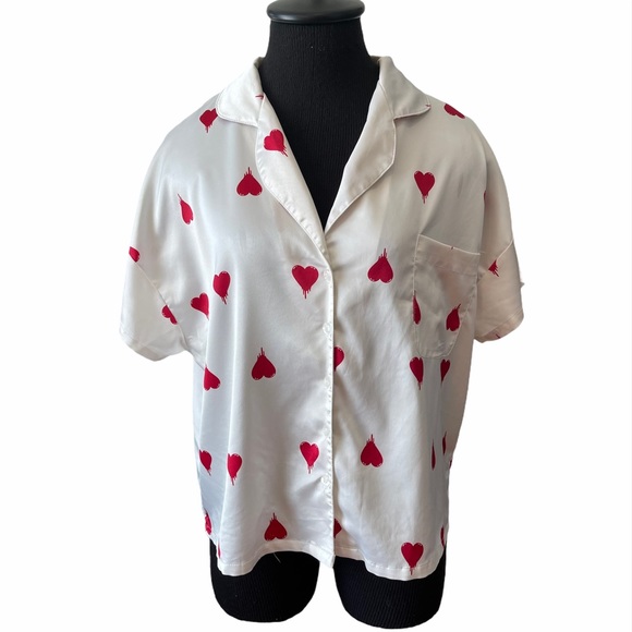 XXI White w/Red Hearts Print Button Up Pajama Top